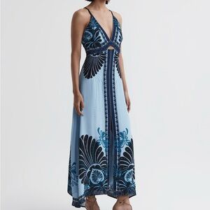 Reiss Printed V-Neck Maxi dress in blue